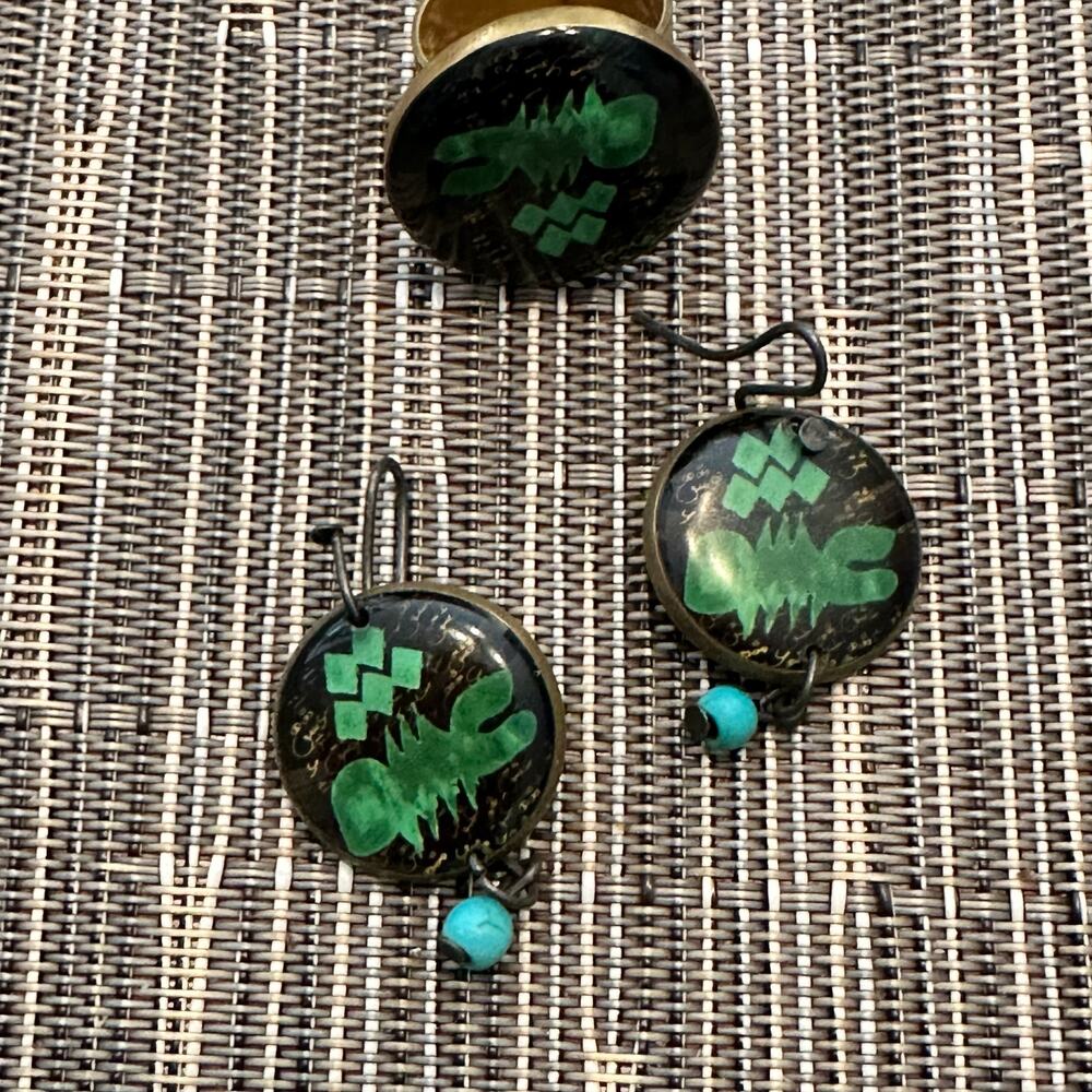 Artisan Jewelry Set Black Green Boho Jewelry Adjustable Ring Earring Lot of 2